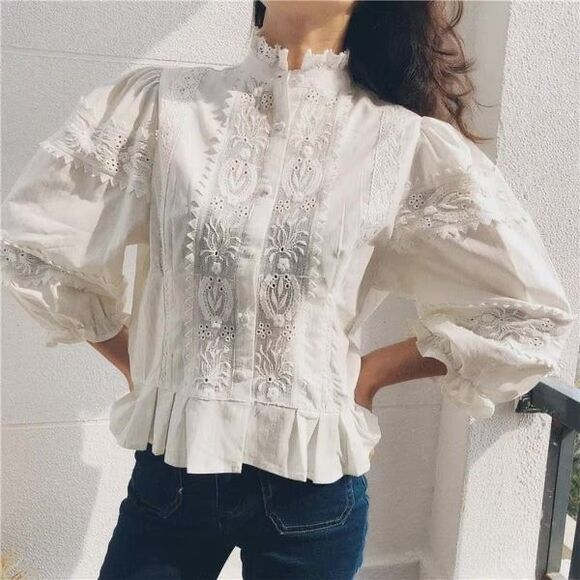 Zara Ivory Cotton & Embroidered Lace Puffed Three Quarter Slv Top Sz S Victorian - Picture 1 of 11